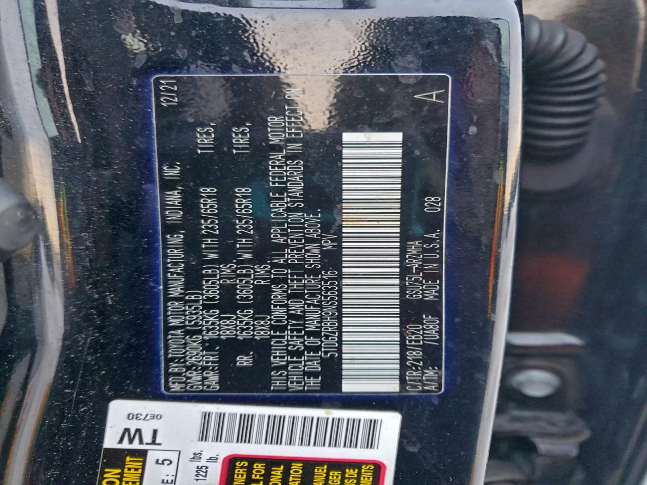 2022 Toyota Highlander Xle VIN: 5TDGZRBH9NS563516 Lot: 97033825