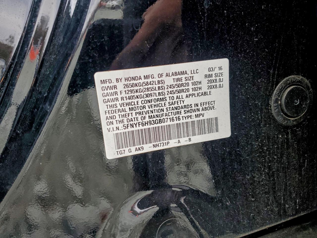 2016 Honda Pilot Touring VIN: 5FNYF6H93GB071616 Lot: 96771745
