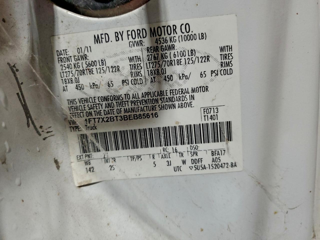 2011 Ford F250 Super Duty VIN: 1FT7X2BT3BEB85616 Lot: 95237435