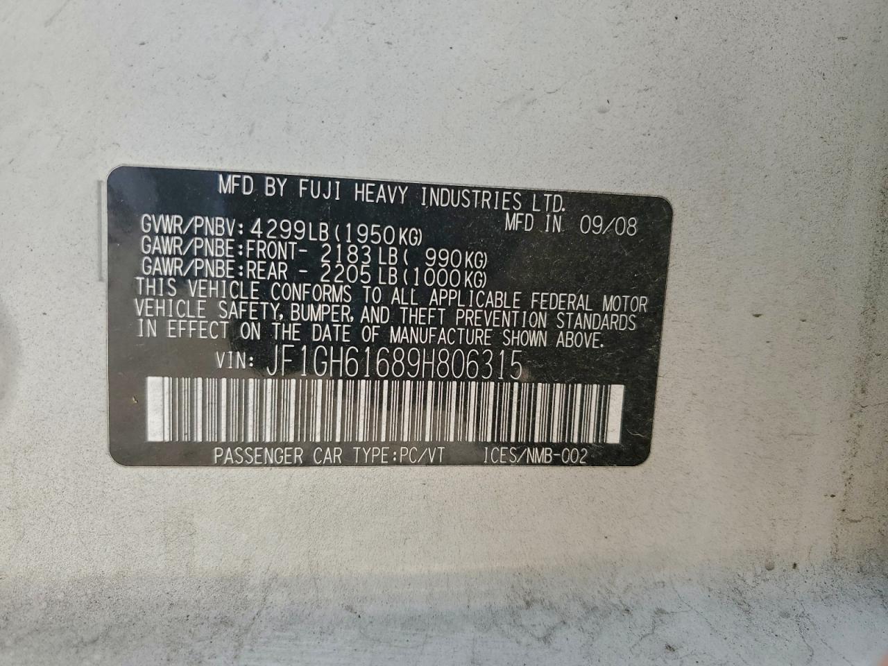 2009 Subaru Impreza 2.5I VIN: JF1GH61689H806315 Lot: 97107875