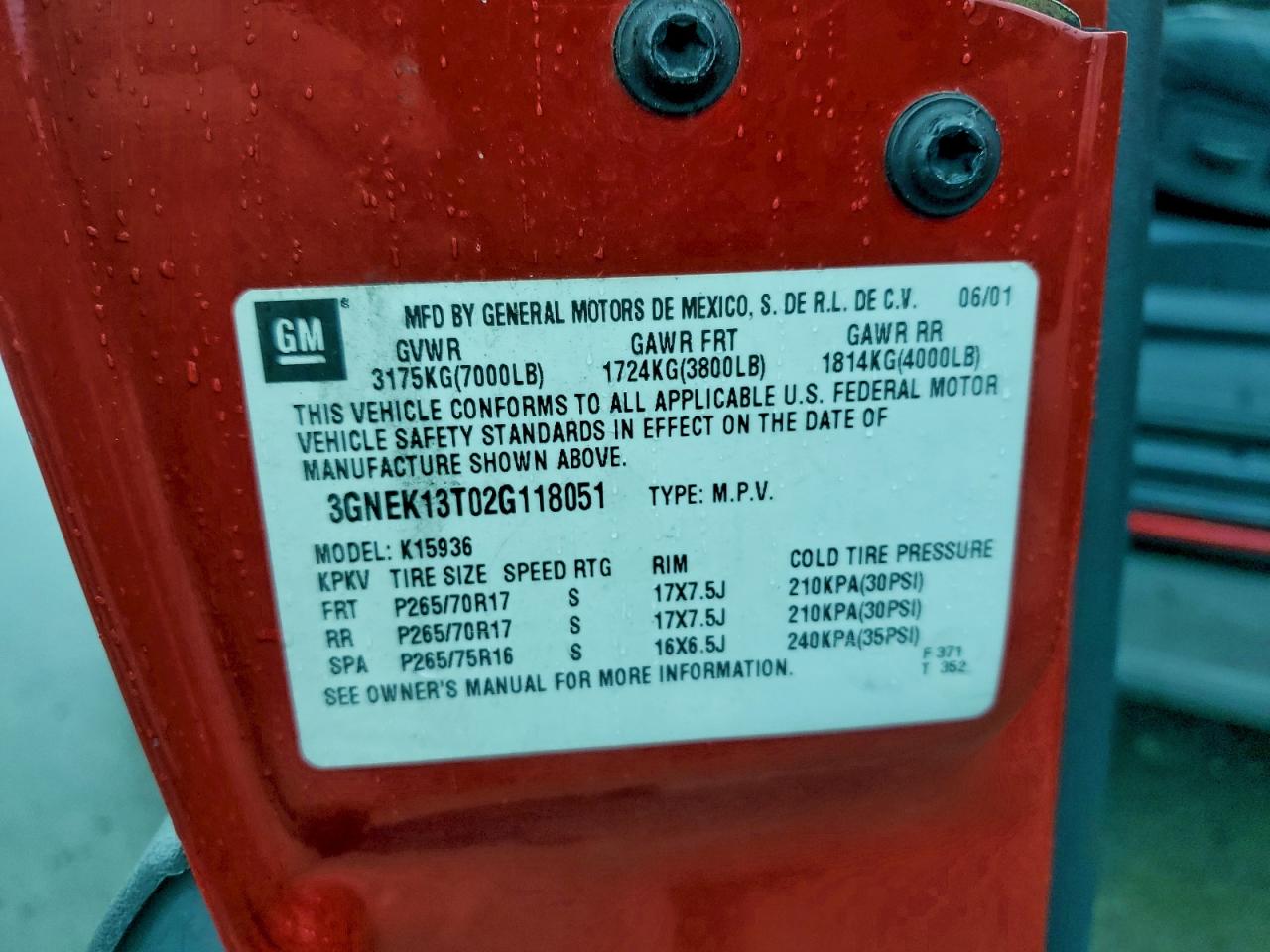 2002 Chevrolet Avalanche K1500 VIN: 3GNEK13T02G118051 Lot: 95590235