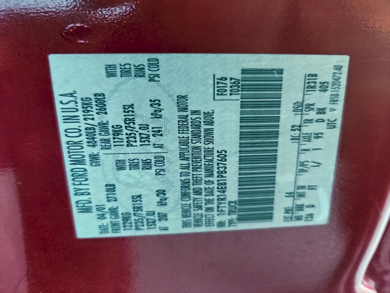 2001 Ford Ranger Super Cab VIN: 1FTYR14E81PB37605 Lot: 95892875