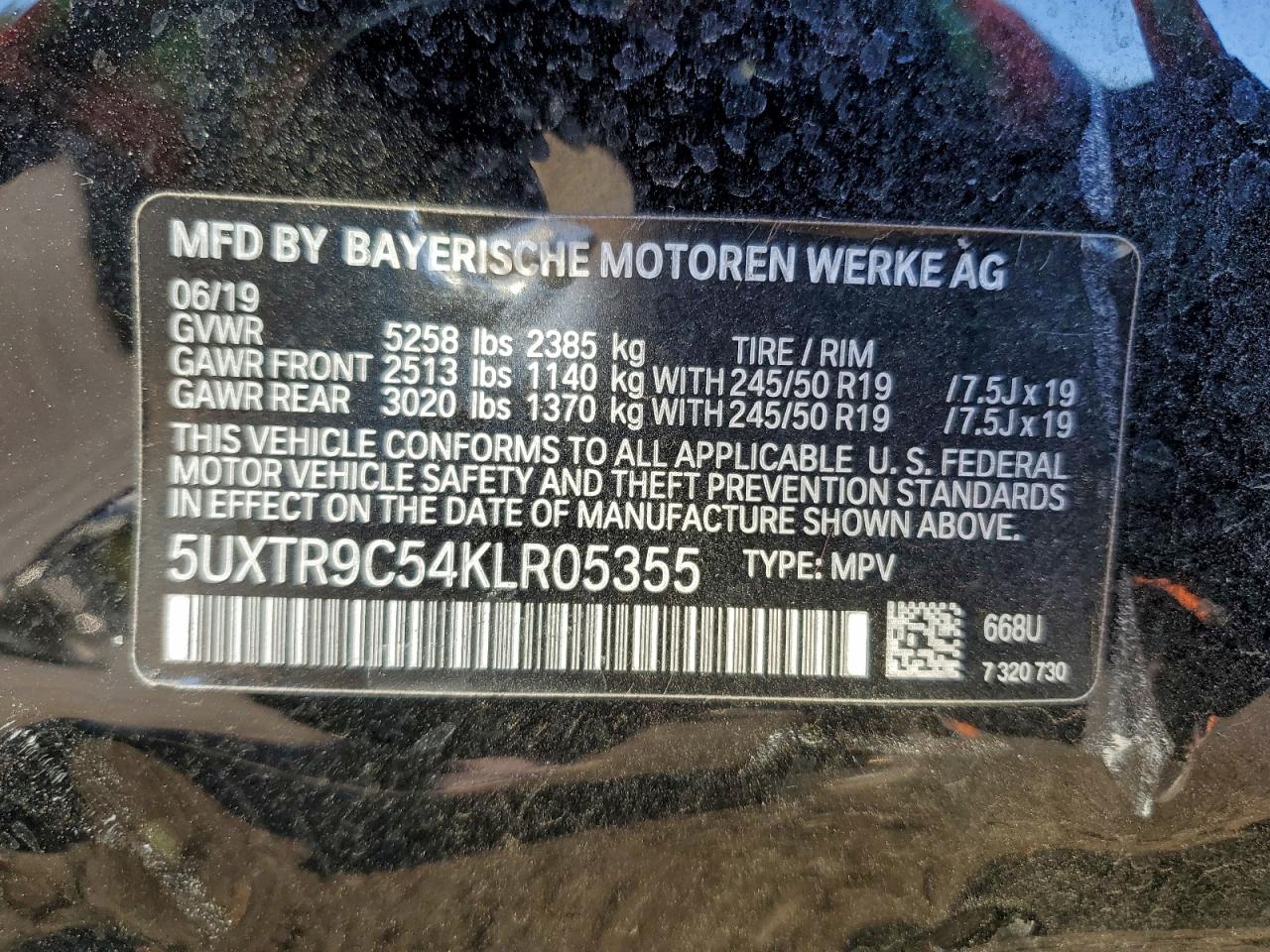 2019 BMW X3 xDrive30I VIN: 5UXTR9C54KLR05355 Lot: 95526055