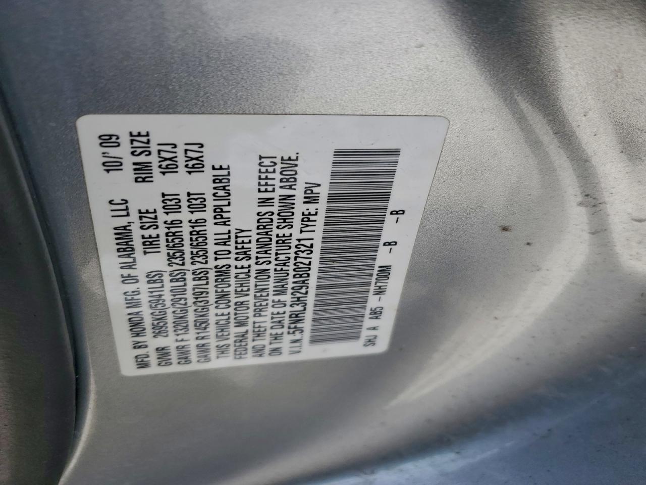 2010 Honda Odyssey Lx VIN: 5FNRL3H29AB027321 Lot: 95908555