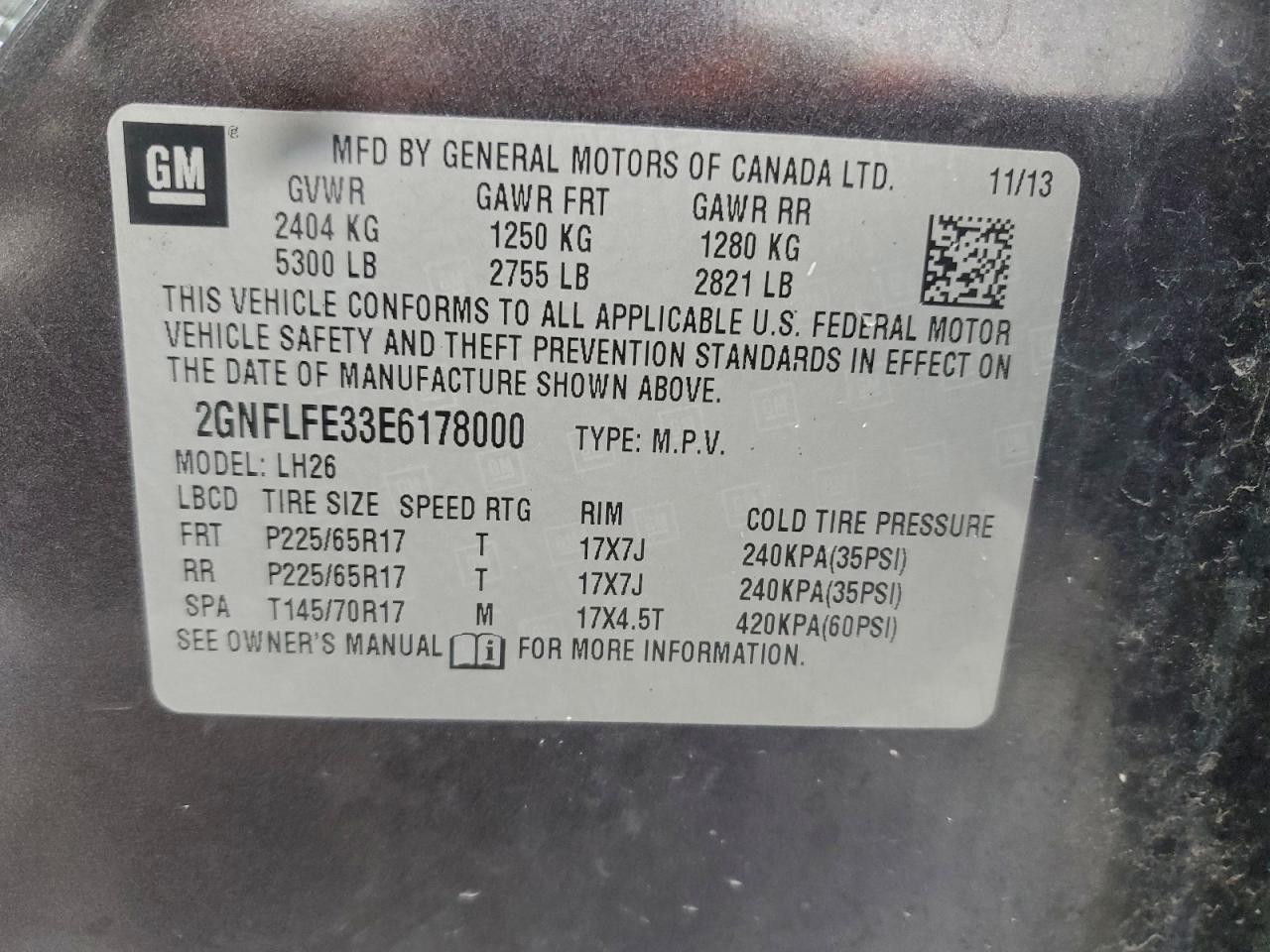 2014 Chevrolet Equinox Lt VIN: 2GNFLFE33E6178000 Lot: 94911725