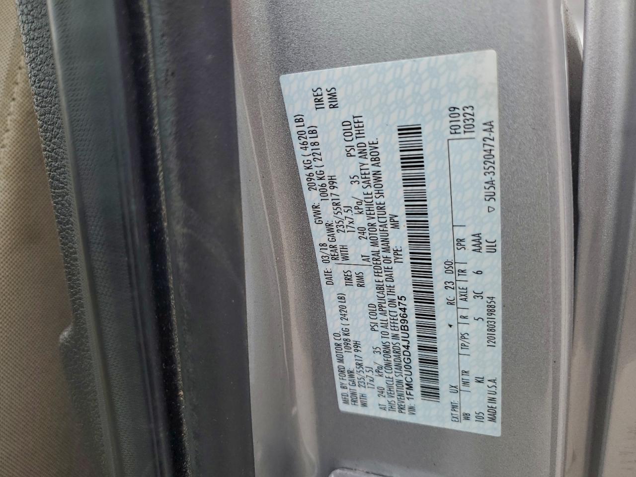 2018 Ford Escape Se VIN: 1FMCU0GD4JUB96475 Lot: 94819455