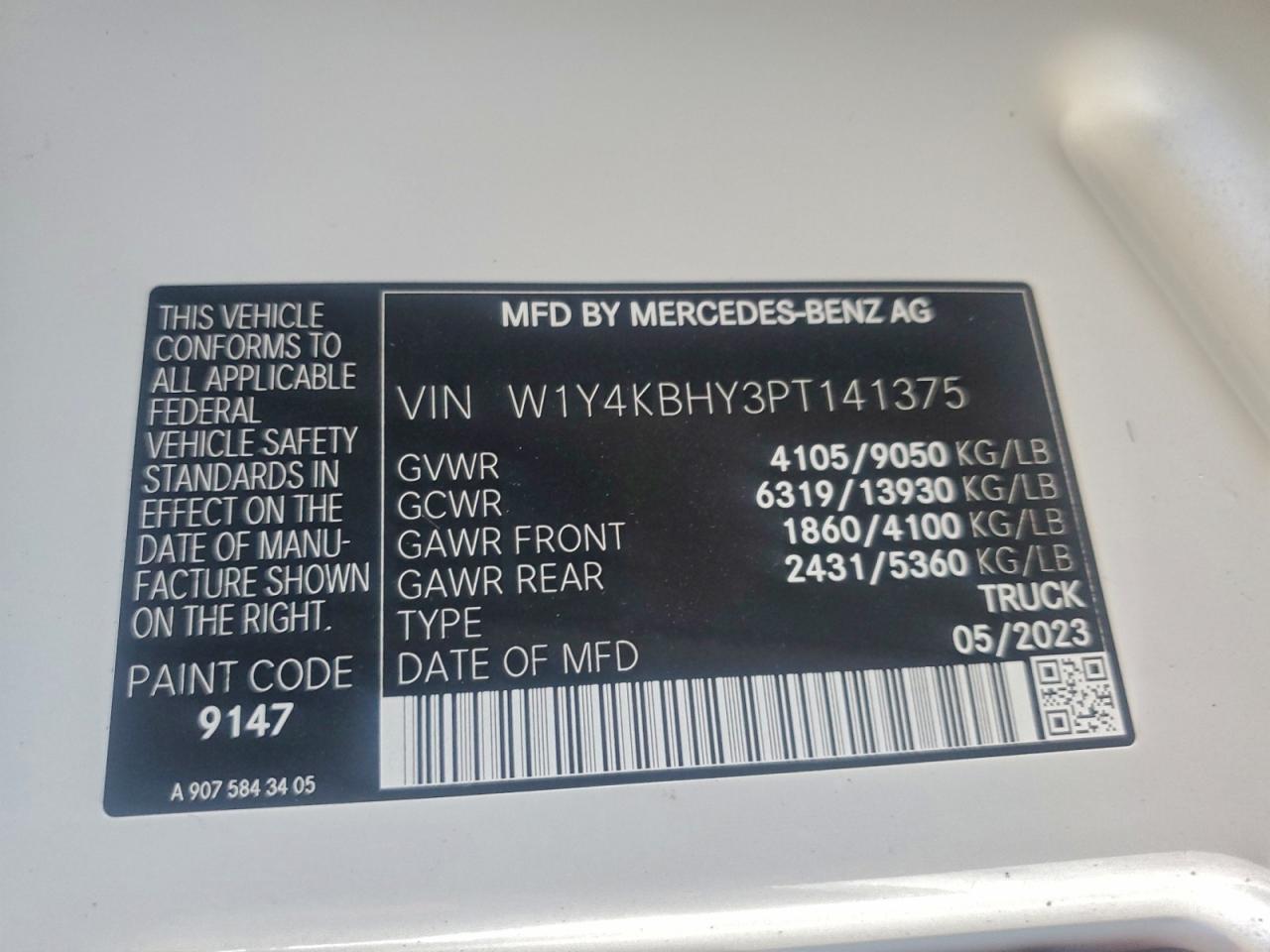 2023 Mercedes-Benz Sprinter 2500 VIN: W1Y4KBHY3PT141375 Lot: 95406685