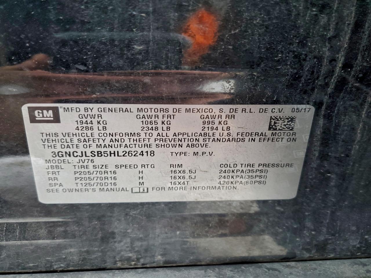 2017 Chevrolet Trax 1Lt VIN: 3GNCJLSB5HL262418 Lot: 94595195