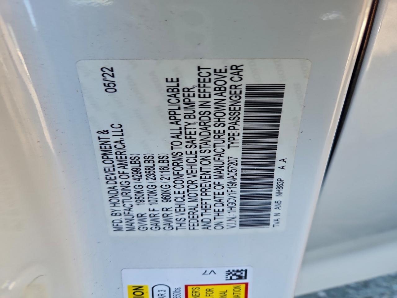 2022 Honda Accord Lx VIN: 1HGCV1F19NA057207 Lot: 94953165