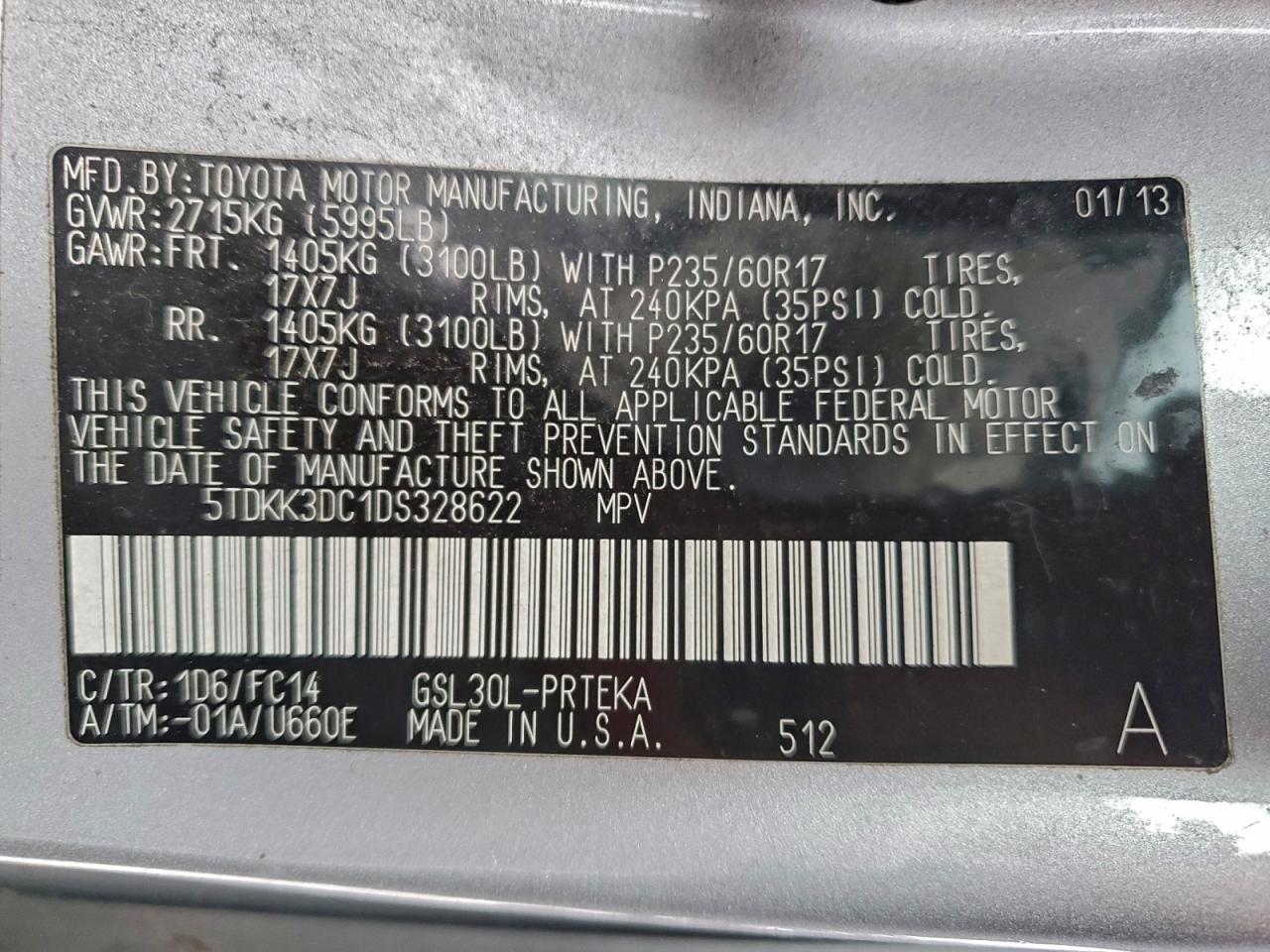 2013 Toyota Sienna Le VIN: 5TDKK3DC1DS328622 Lot: 95694295