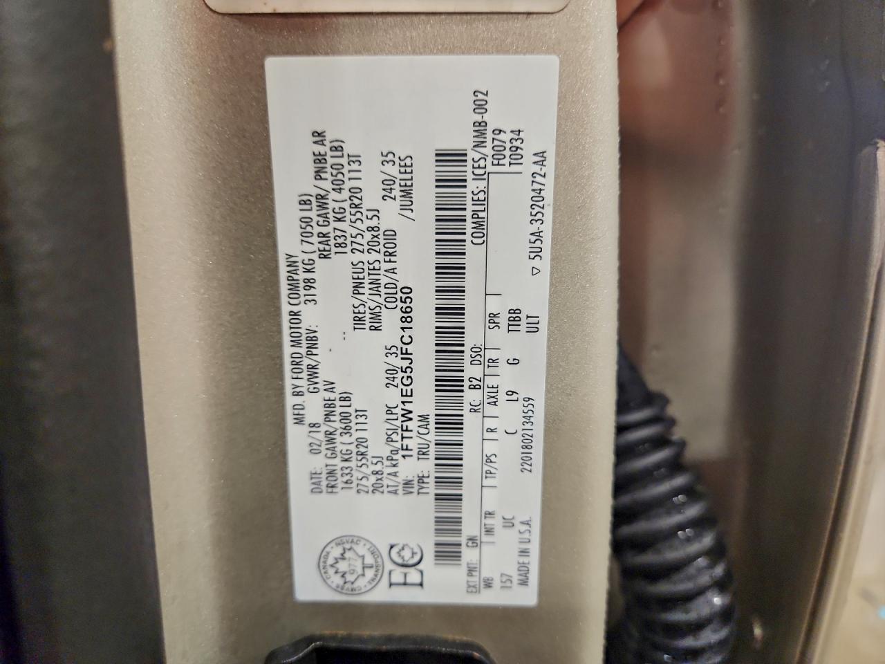 2018 Ford F150 Supercrew VIN: 1FTFW1EG5JFC18650 Lot: 95566435