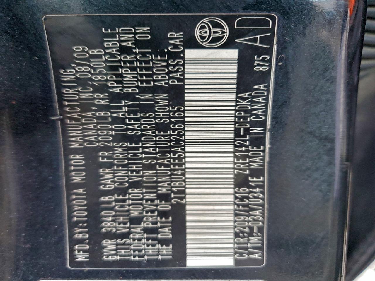 2010 Toyota Corolla Base VIN: 2T1BU4EE5AC256165 Lot: 95611975