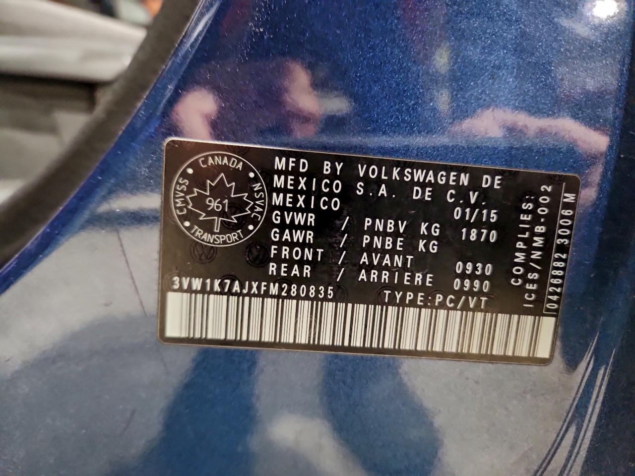 2015 Volkswagen Jetta Base VIN: 3VW1K7AJXFM280835 Lot: 96828055