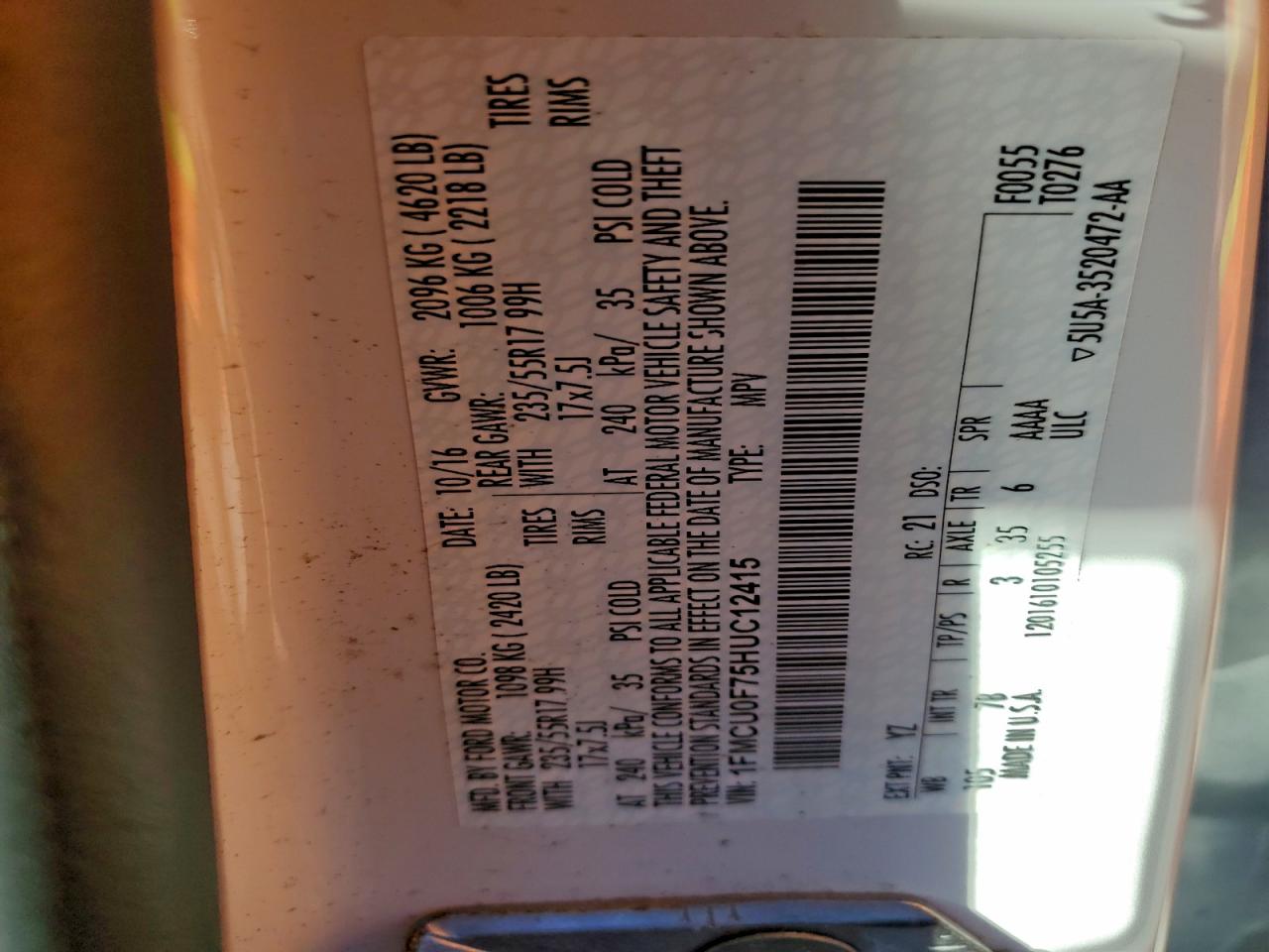 2017 Ford Escape S VIN: 1FMCU0F75HUC12415 Lot: 96560035