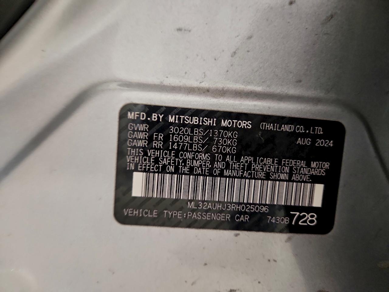 2024 Mitsubishi Mirage Es VIN: ML32AUHJ3RH025096 Lot: 95648105