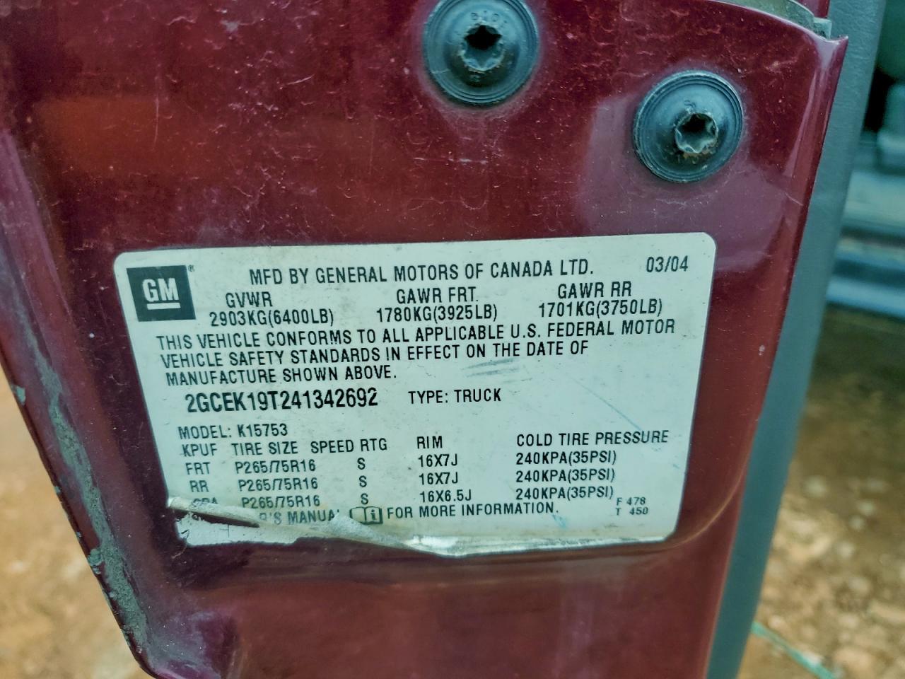 2004 Chevrolet Silverado K1500 VIN: 2GCEK19T241342692 Lot: 95471485