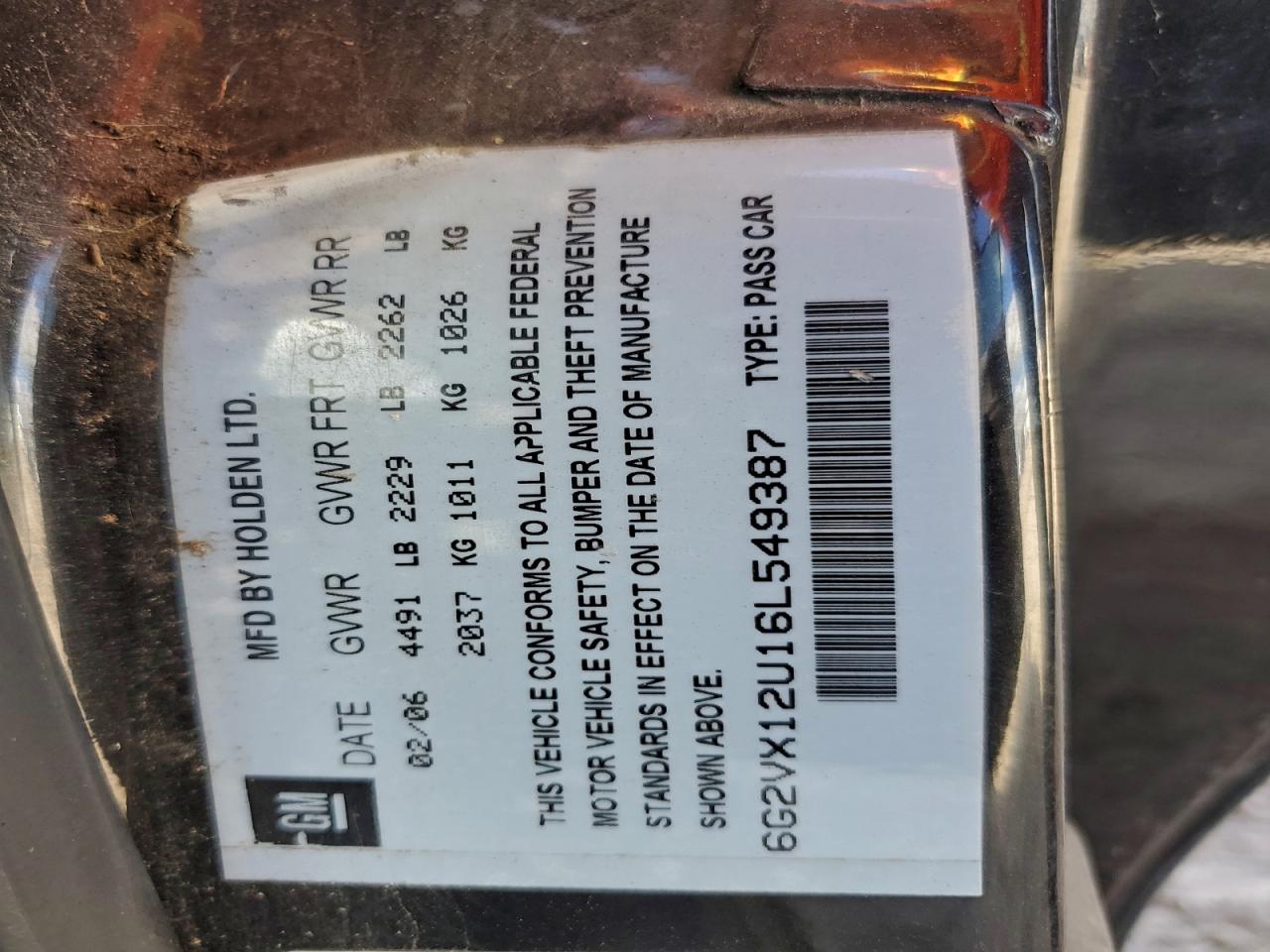 2006 Pontiac Gto VIN: 6G2VX12U16L549387 Lot: 95461165