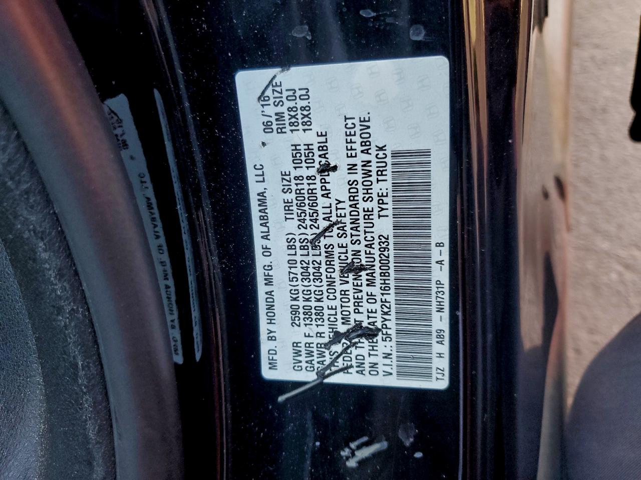 2017 Honda Ridgeline Sport VIN: 5FPYK2F16HB002932 Lot: 95460345