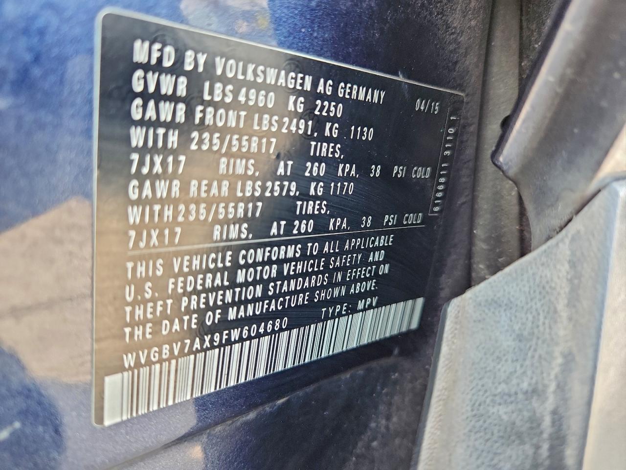 2015 Volkswagen Tiguan S VIN: WVGBV7AX9FW604680 Lot: 95678215