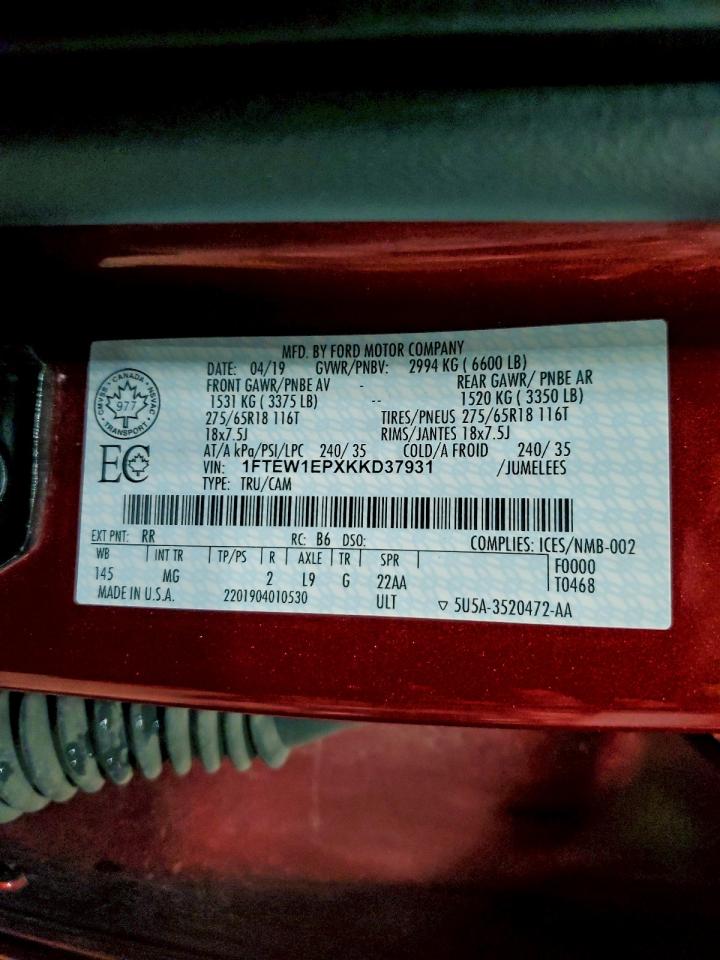 2019 Ford F150 Supercrew VIN: 1FTEW1EPXKKD37931 Lot: 93992175