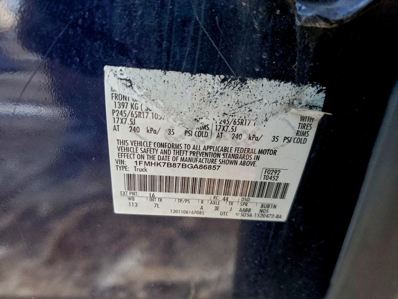 2011 Ford Explorer VIN: 1FMHK7B87BGA86857 Lot: 97012315