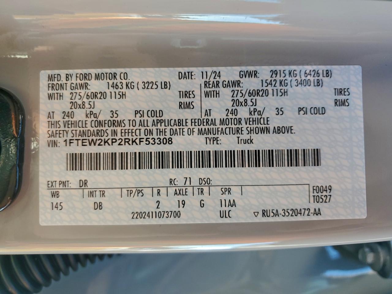 2024 Ford F150 Stx VIN: 1FTEW2KP2RKF53308 Lot: 92756425