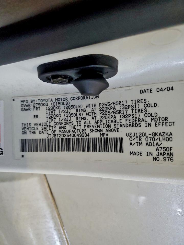 2004 Lexus Gx 470 VIN: JTJBT20X540049934 Lot: 96060345