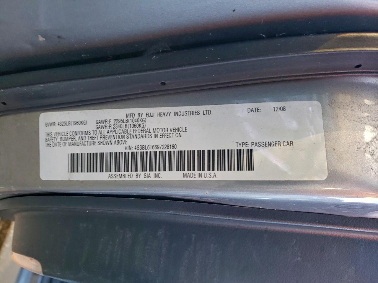 2009 Subaru Legacy 2.5I VIN: 4S3BL616697228160 Lot: 94303175