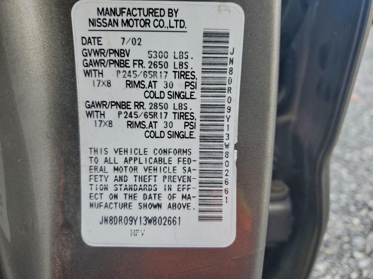 2003 Nissan Pathfinder Le VIN: JN8DR09Y13W802661 Lot: 96400705