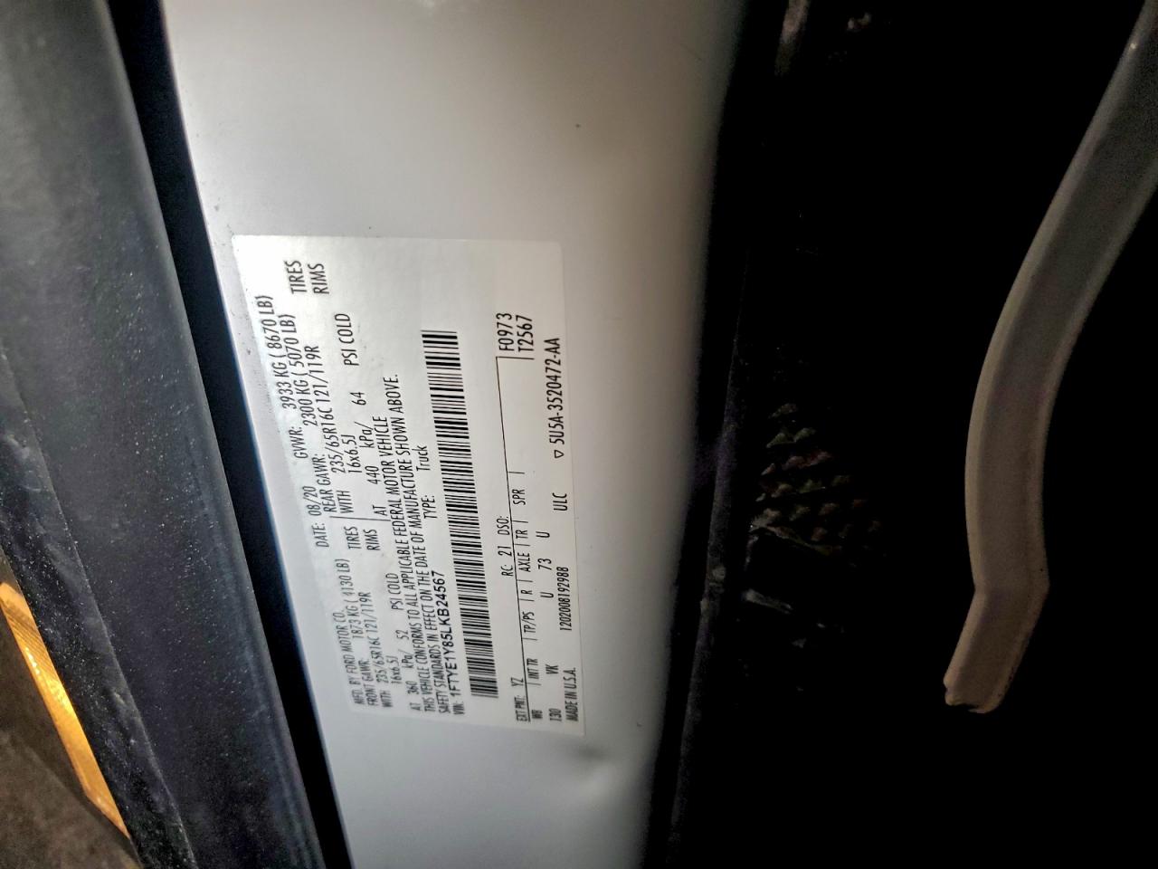 2020 Ford Transit T-150 VIN: 1FTYE1Y85LKB24567 Lot: 95214785