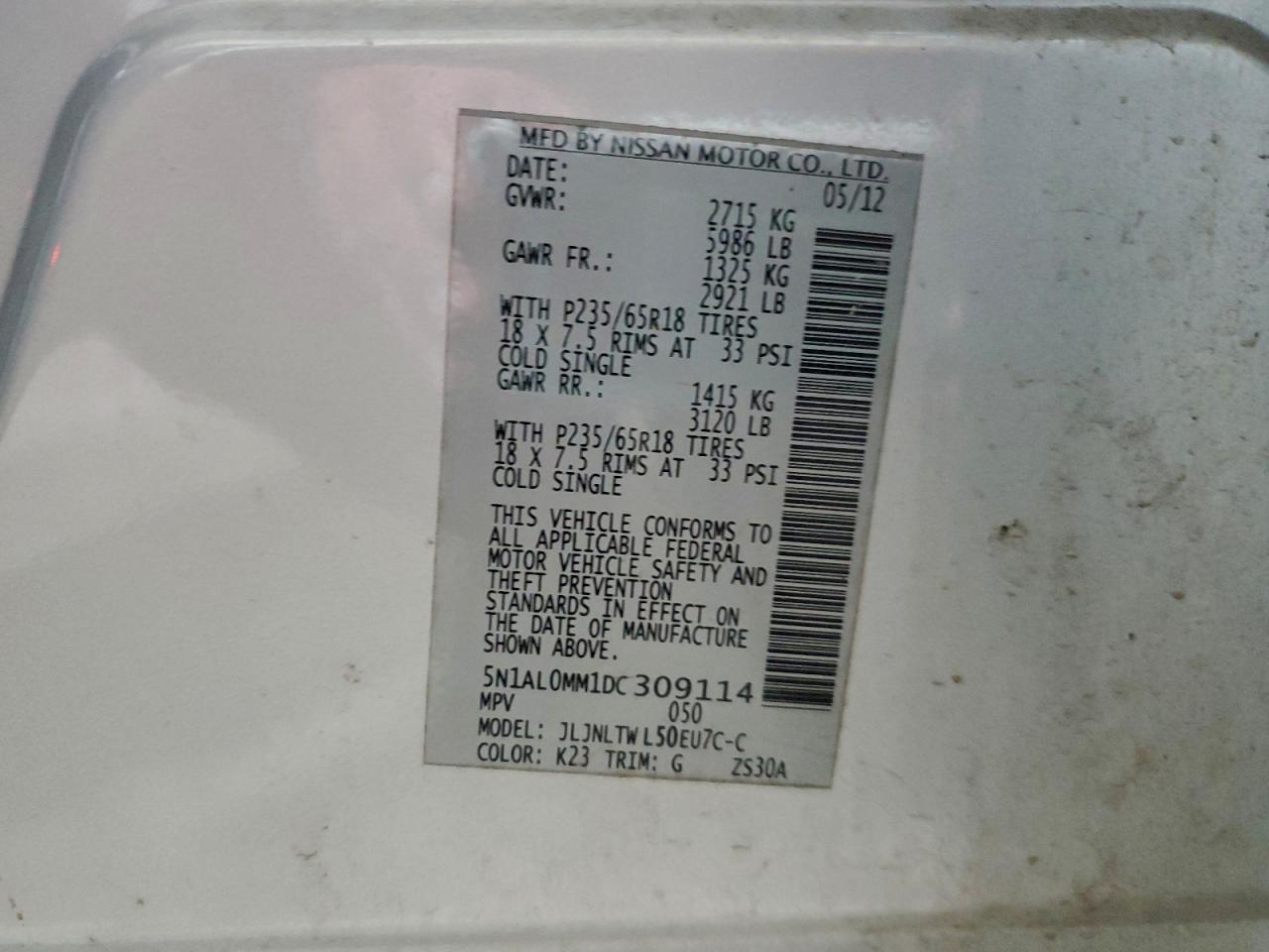 2013 Infiniti Jx35 VIN: 5N1AL0MM1DC309114 Lot: 94731265