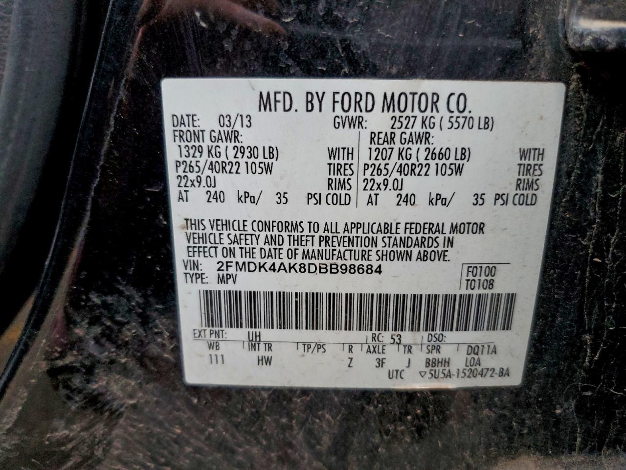 2013 Ford Edge Sport VIN: 2FMDK4AK8DBB98684 Lot: 94314195