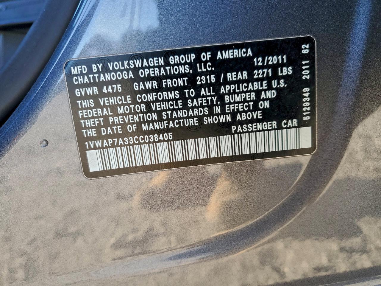 2012 Volkswagen Passat S VIN: 1VWAP7A33CC038405 Lot: 94553665