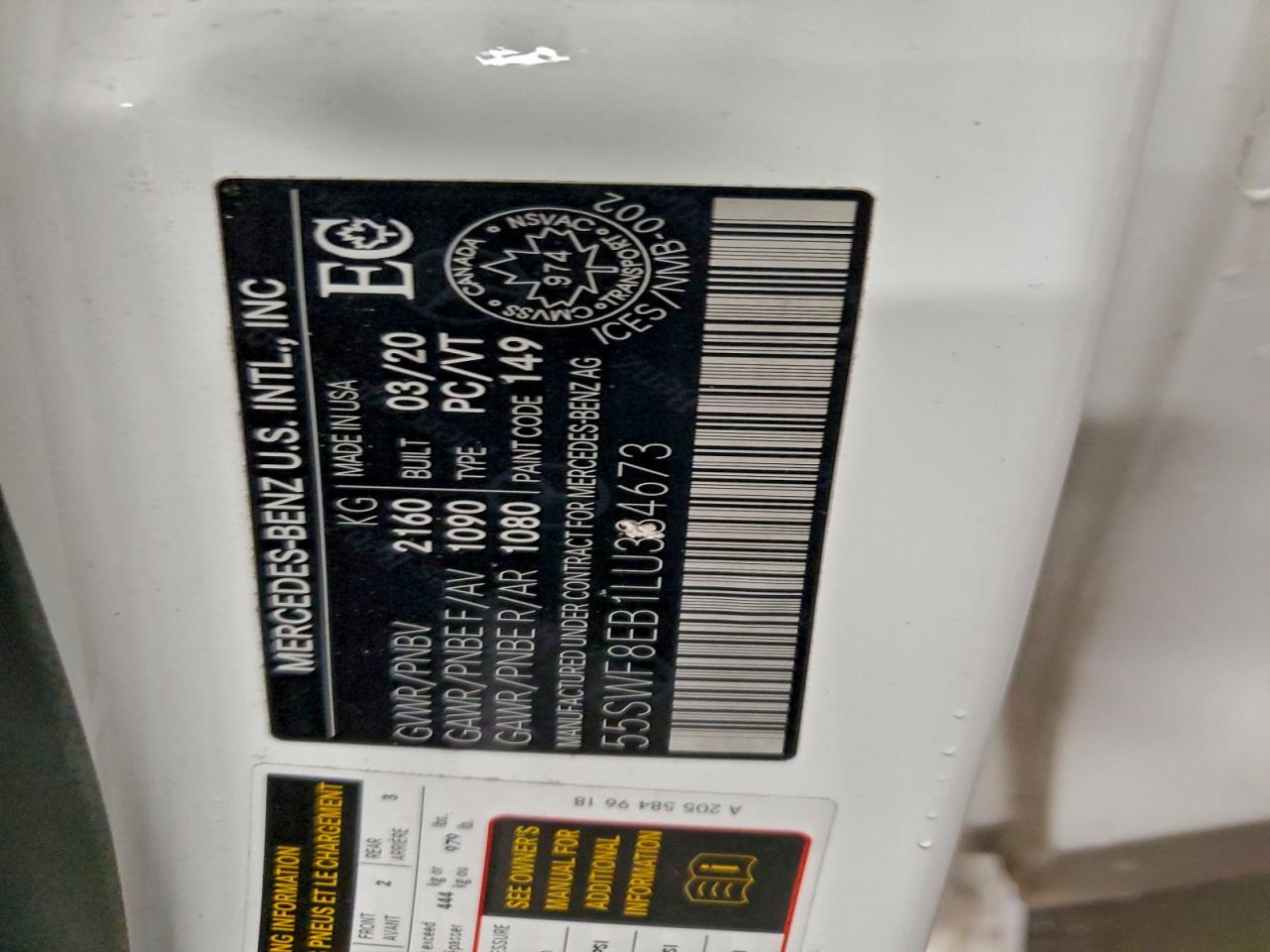 2020 Mercedes-Benz C 300 4Matic VIN: 55SWF8EB1LU334673 Lot: 94428915