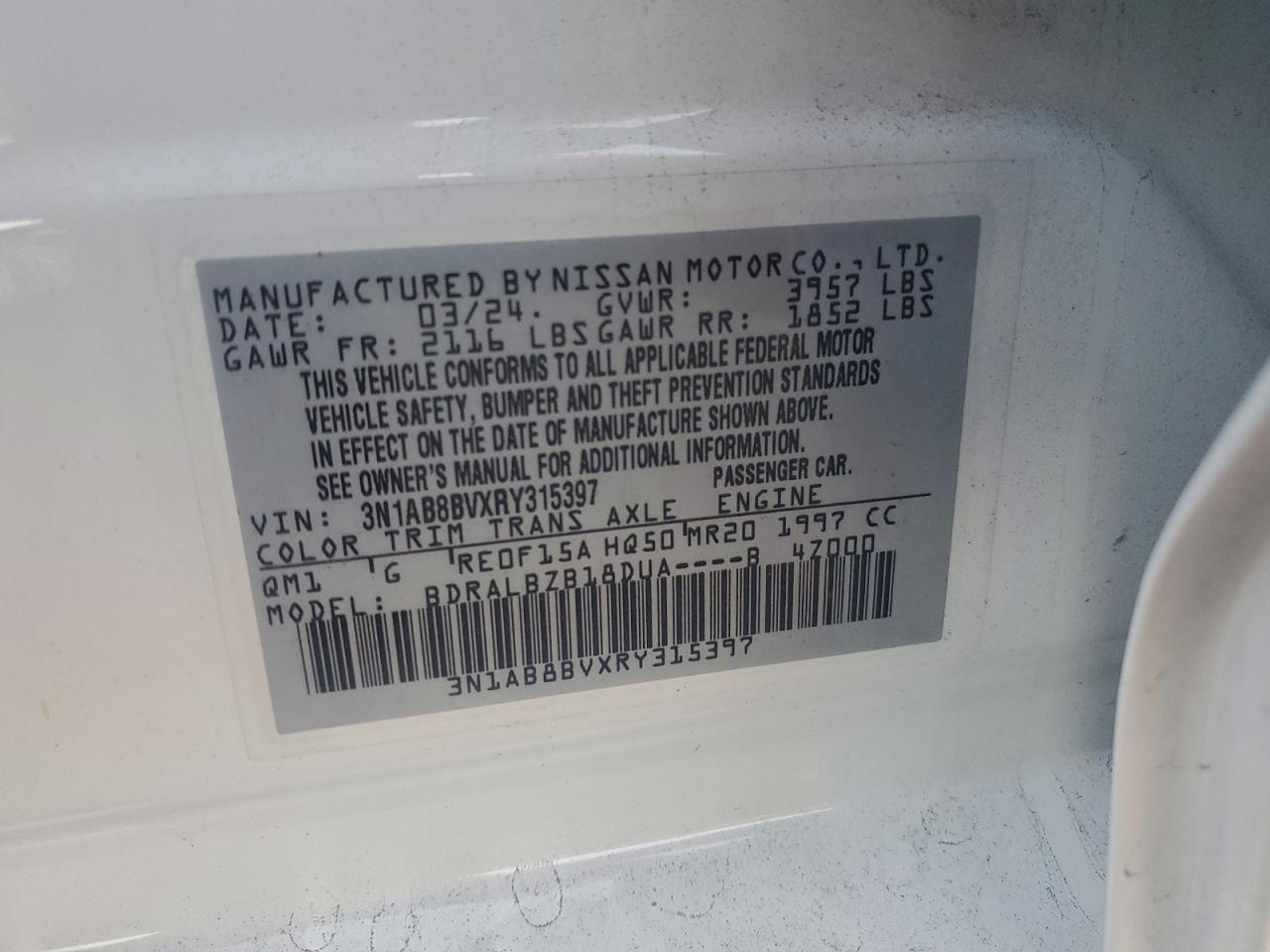 2024 Nissan Sentra S VIN: 3N1AB8BVXRY315397 Lot: 94395165