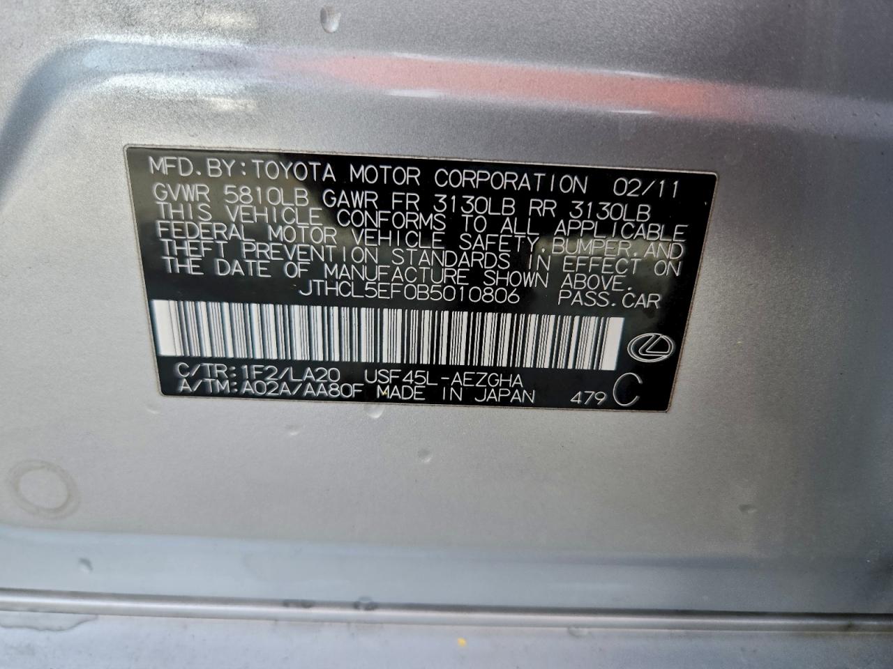 2011 Lexus Ls 460 VIN: JTHCL5EF0B5010806 Lot: 94793395