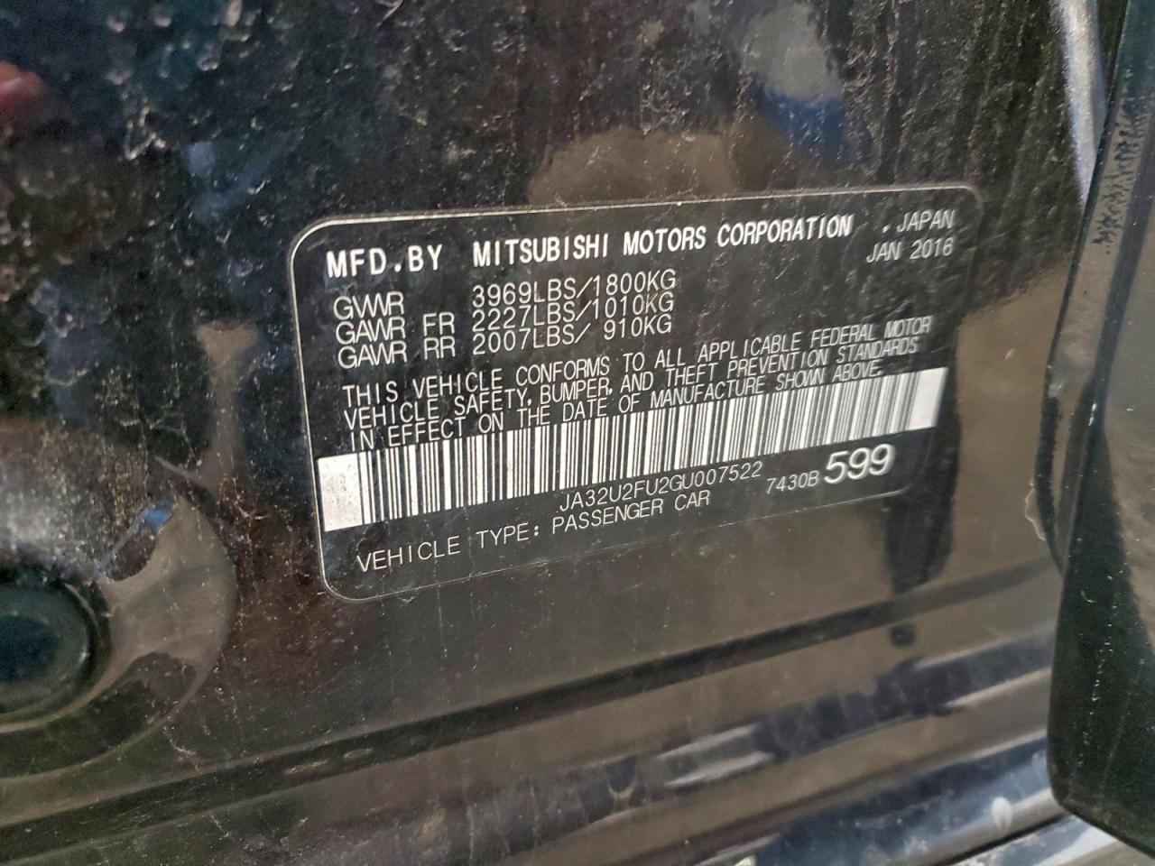 2016 Mitsubishi Lancer Es VIN: JA32U2FU2GU007522 Lot: 95992555