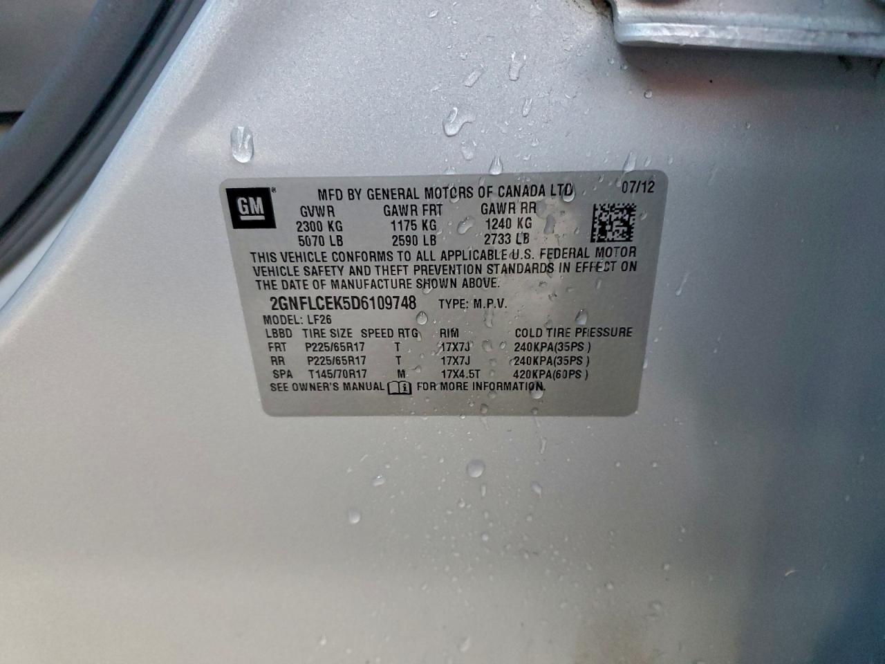 2013 Chevrolet Equinox Ls VIN: 2GNFLCEK5D6109748 Lot: 94424245