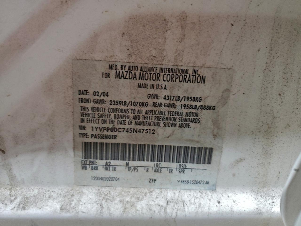 2004 Mazda 6 I VIN: 1YVFP80C745N47512 Lot: 96012295