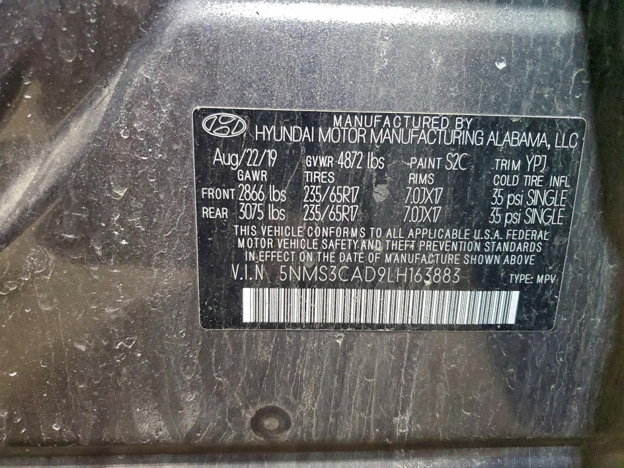 2020 Hyundai Santa Fe Sel VIN: 5NMS3CAD9LH163883 Lot: 95762455