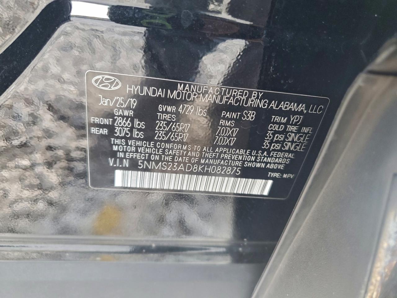 2019 Hyundai Santa Fe Se VIN: 5NMS23AD8KH082875 Lot: 95844415