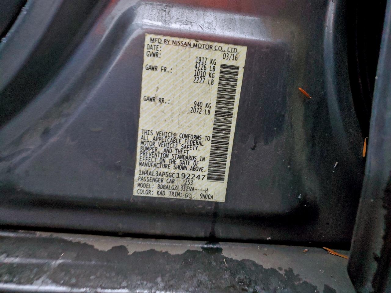 2016 Nissan Altima 2.5 VIN: 1N4AL3AP5GC192247 Lot: 94714575