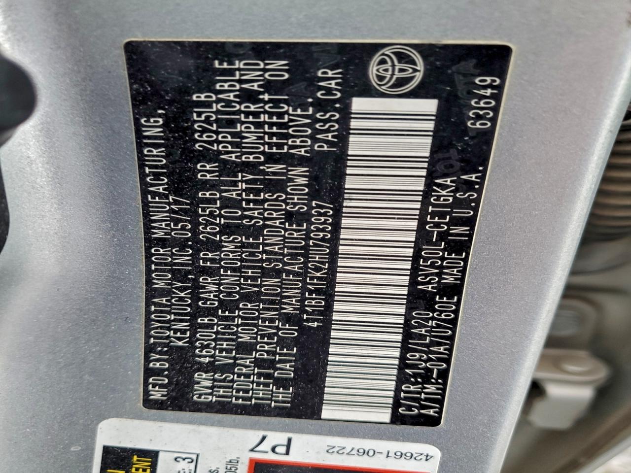 2017 Toyota Camry Le VIN: 4T1BF1FK2HU793937 Lot: 94495735