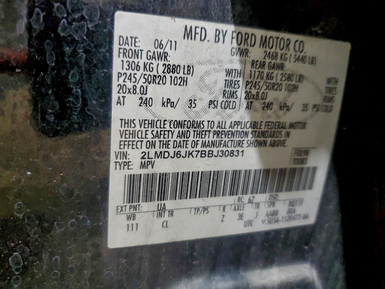 2011 Lincoln Mkx VIN: 2LMDJ6JK7BBJ30831 Lot: 94367705