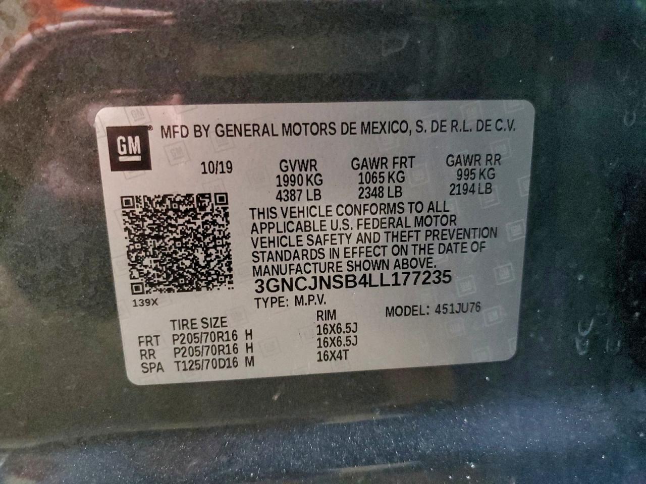 2020 Chevrolet Trax Ls VIN: 3GNCJNSB4LL177235 Lot: 97545925