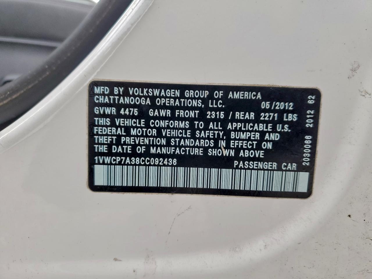 2012 Volkswagen Passat Sel VIN: 1VWCP7A38CC092436 Lot: 95889755