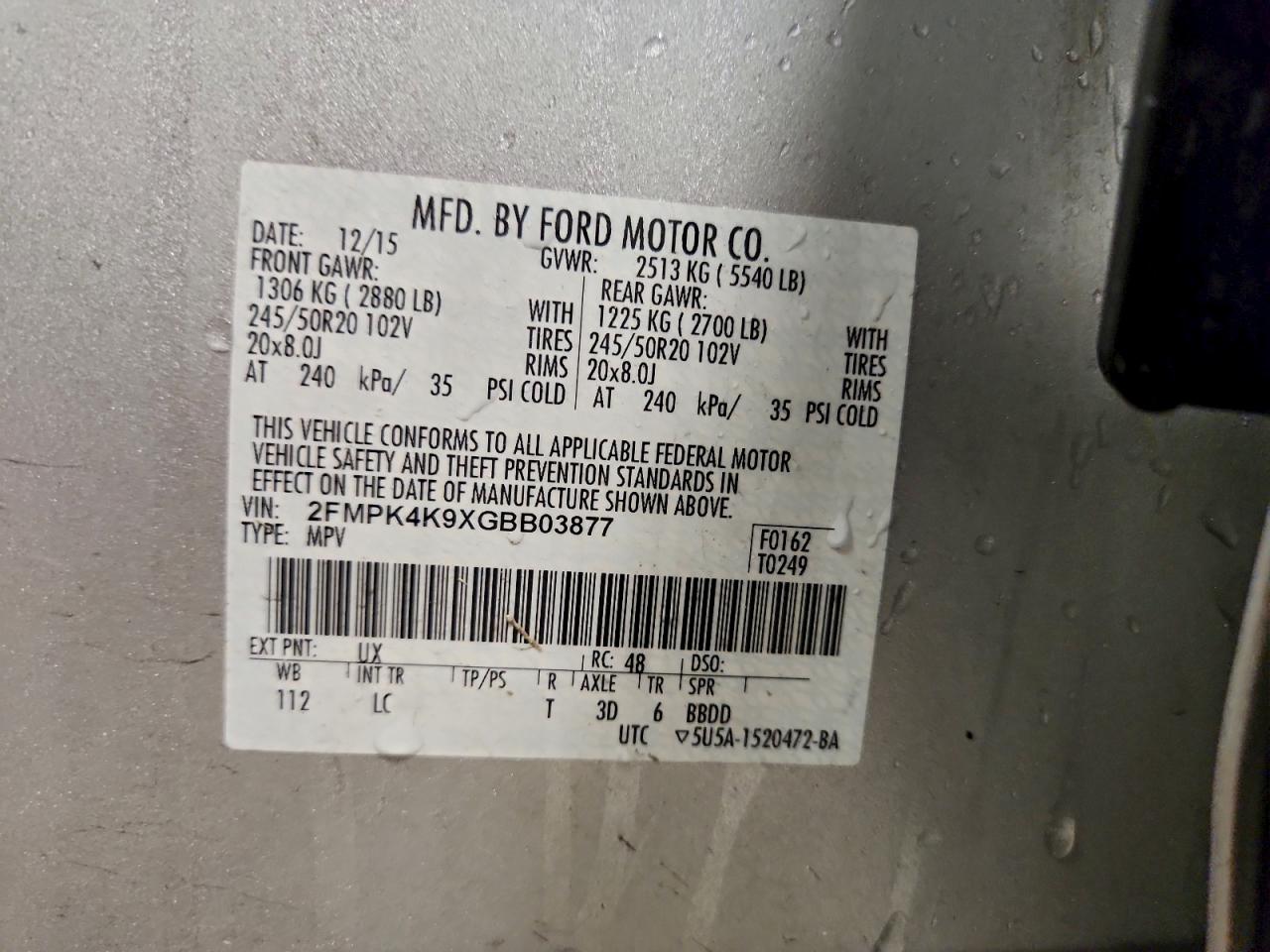 2016 Ford Edge Titanium VIN: 2FMPK4K9XGBB03877 Lot: 94643485