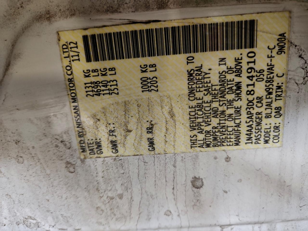 2013 Nissan Maxima S VIN: 1N4AA5AP3DC814910 Lot: 94553555