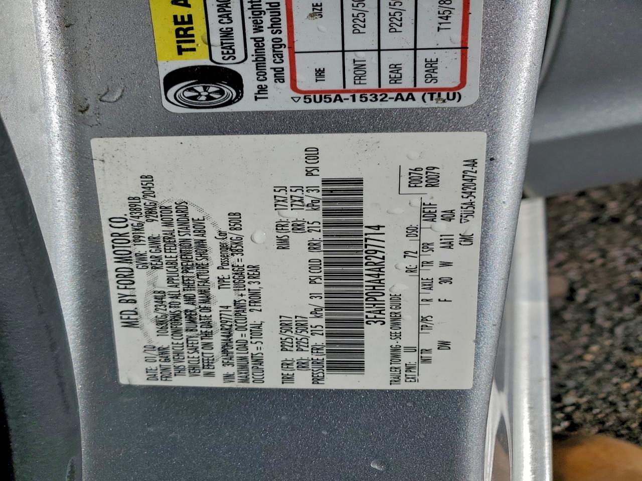 2010 Ford Fusion Se VIN: 3FAHP0HA4AR297714 Lot: 94854285