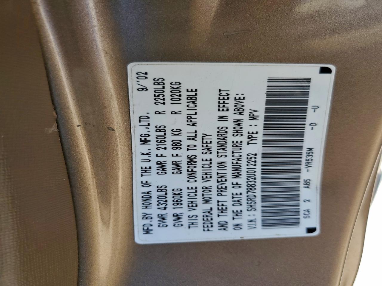 2002 Honda Cr-V Ex VIN: SHSRD78832U012252 Lot: 96750445